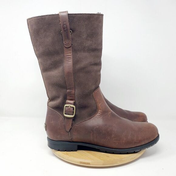 UGG Boots Women 9 Brown Leather Bellevue Buckle Bellvue Fold Down Cuff Shoes - Picture 1 of 12